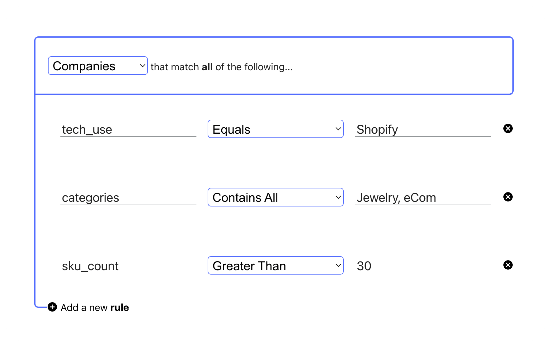 An example of a SourceStack query specifying Shopify stores, selling Jewelry, with more than 30 SKUs