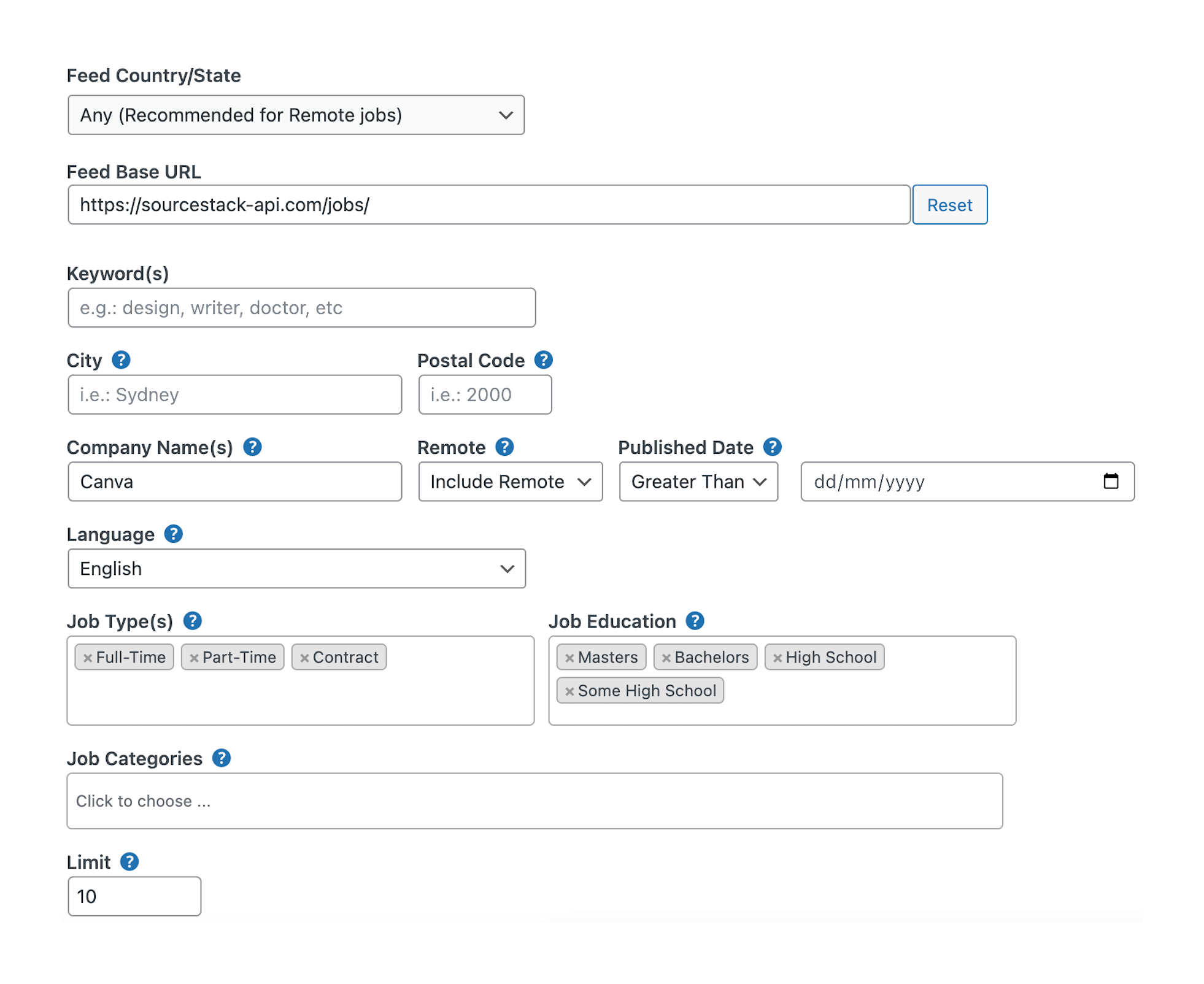 An overview of GoFetchJobs's query builder user interface, showing how to find active jobs by filtering on company_name, remote status, education, and job type (hours)