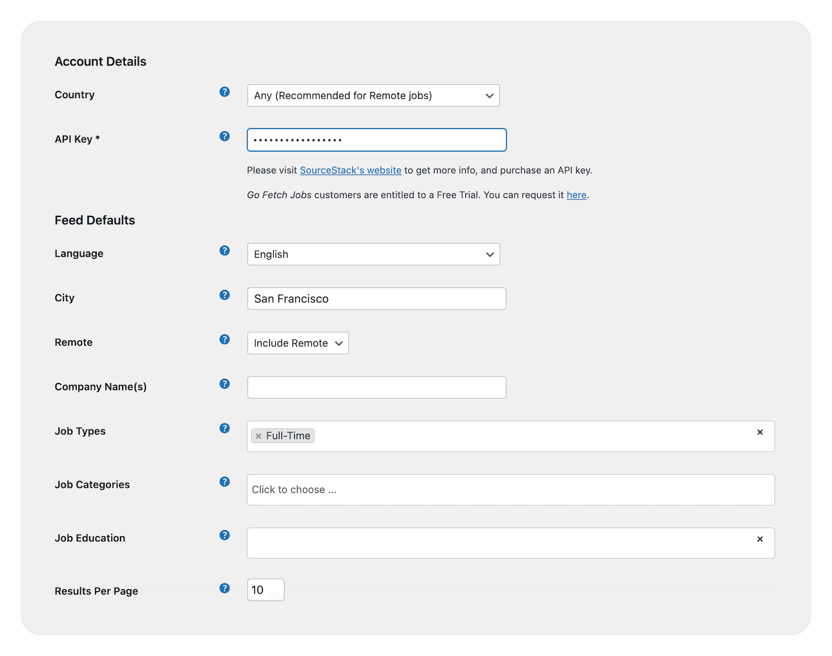 An overview of GoFetchJobs's query builder user interface, showing how to find active jobs by filtering on city and job type (hours)