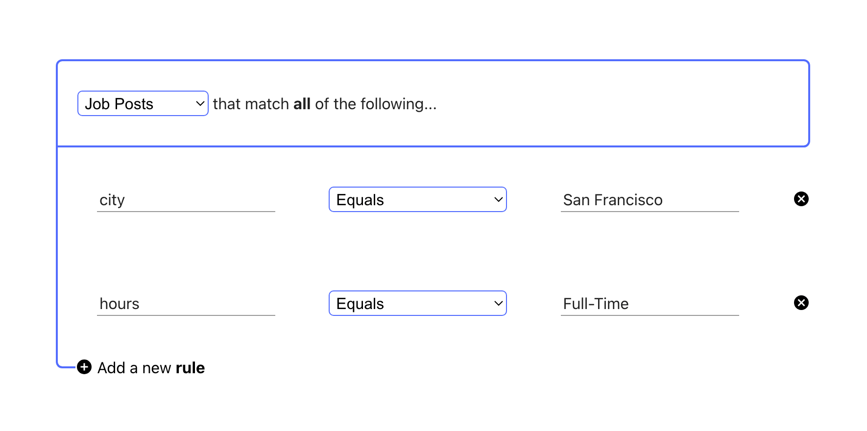 A direct compliment of the above image, showing how to recreate the same query filtering on company_name, remote status, education, and job type (hours) in the SourceStack webapp