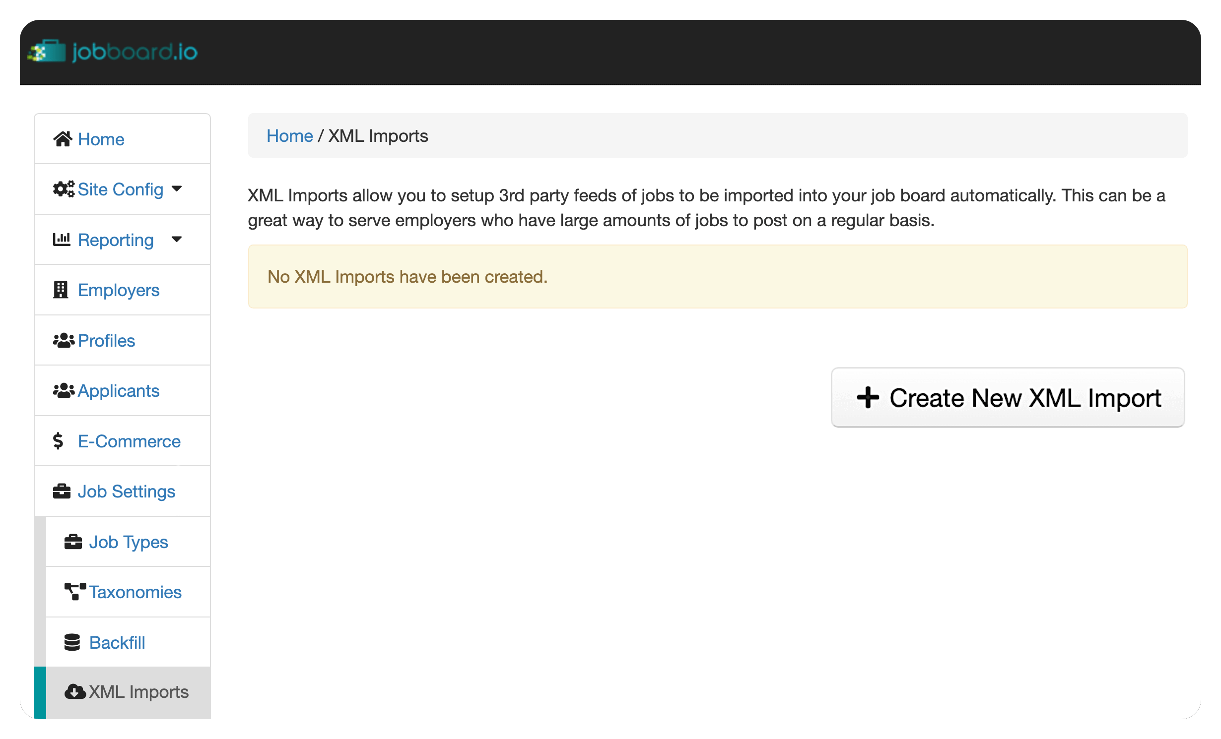 An overview of JobBoard.io's Admin Panel, showing where the XML Imports page can be found in the 'Job Settings' section