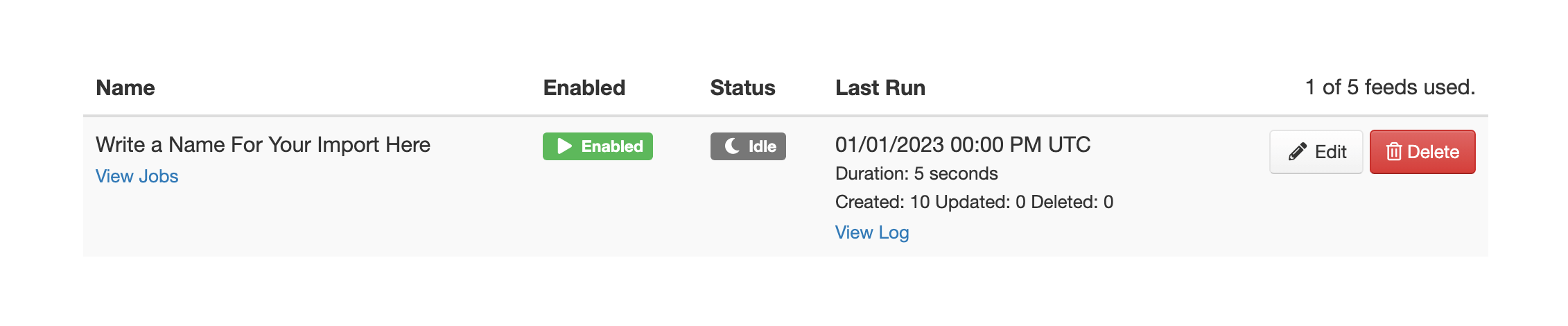 An overview of JobBoard.io's XML Imports dashboard, which shows the last run time, number of jobs successfully imported, and more about your Import