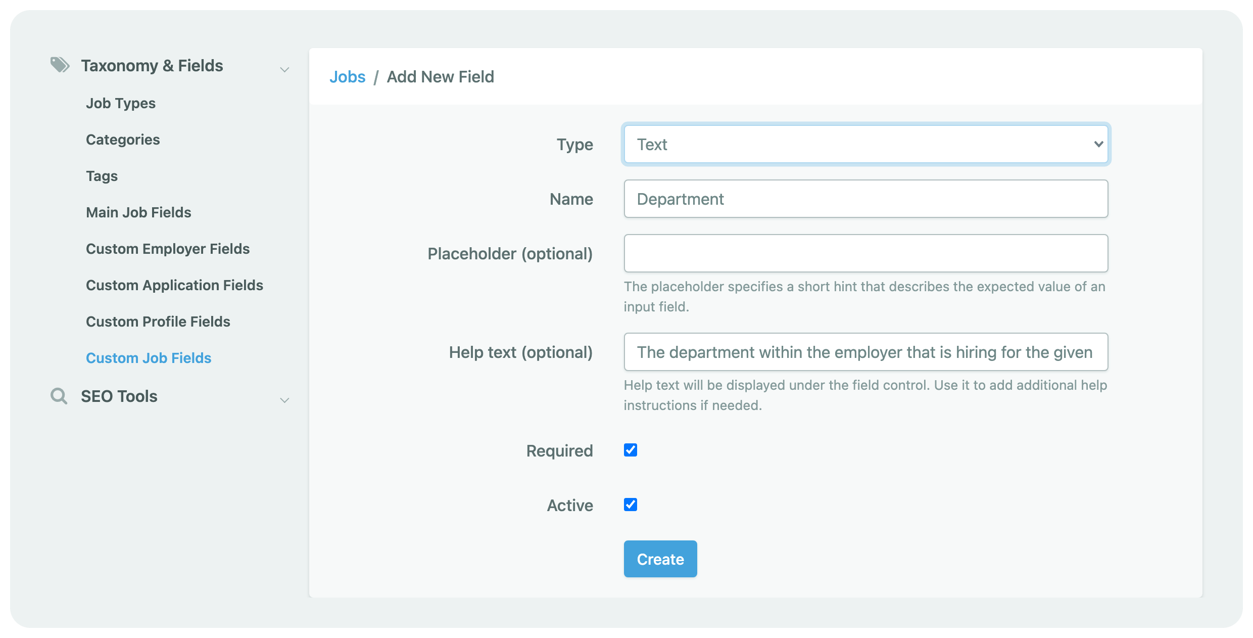 An overview of adding a Custom Field to JBoard via the Taxonomy & Fields section of the dashboard