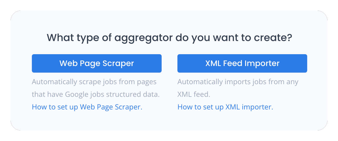 An overview of JBoard's Jobs Aggregation import-type confirmation, showing where the 'XML Feed Importer' button is