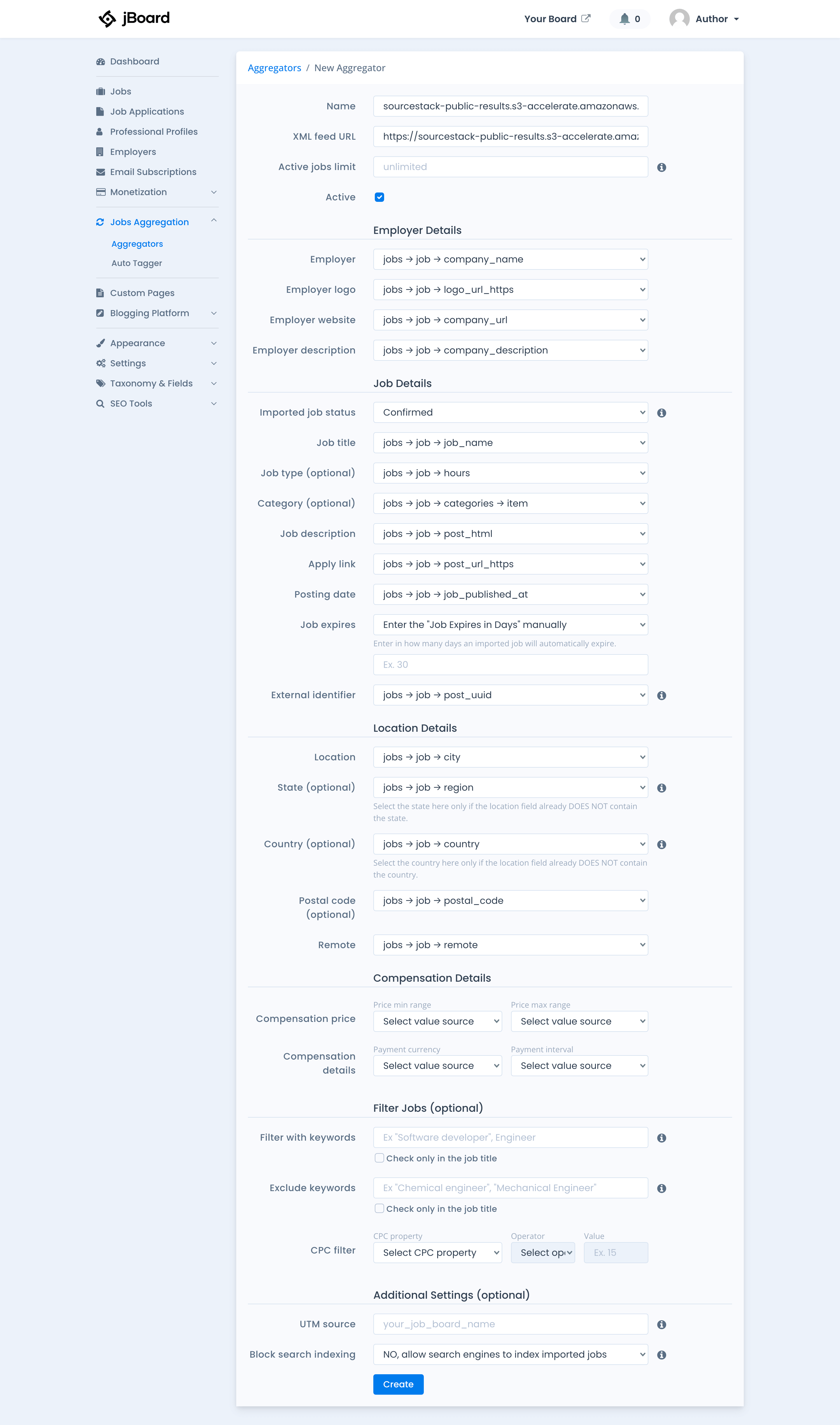 An overview of matching the SourceStack data fields to JBoard's data fields