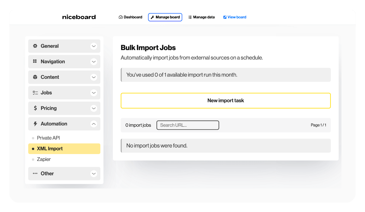 An overview of Niceboard's Admin Panel, showing where the Bulk Import Jobs page can be found in the 'Manage board' section