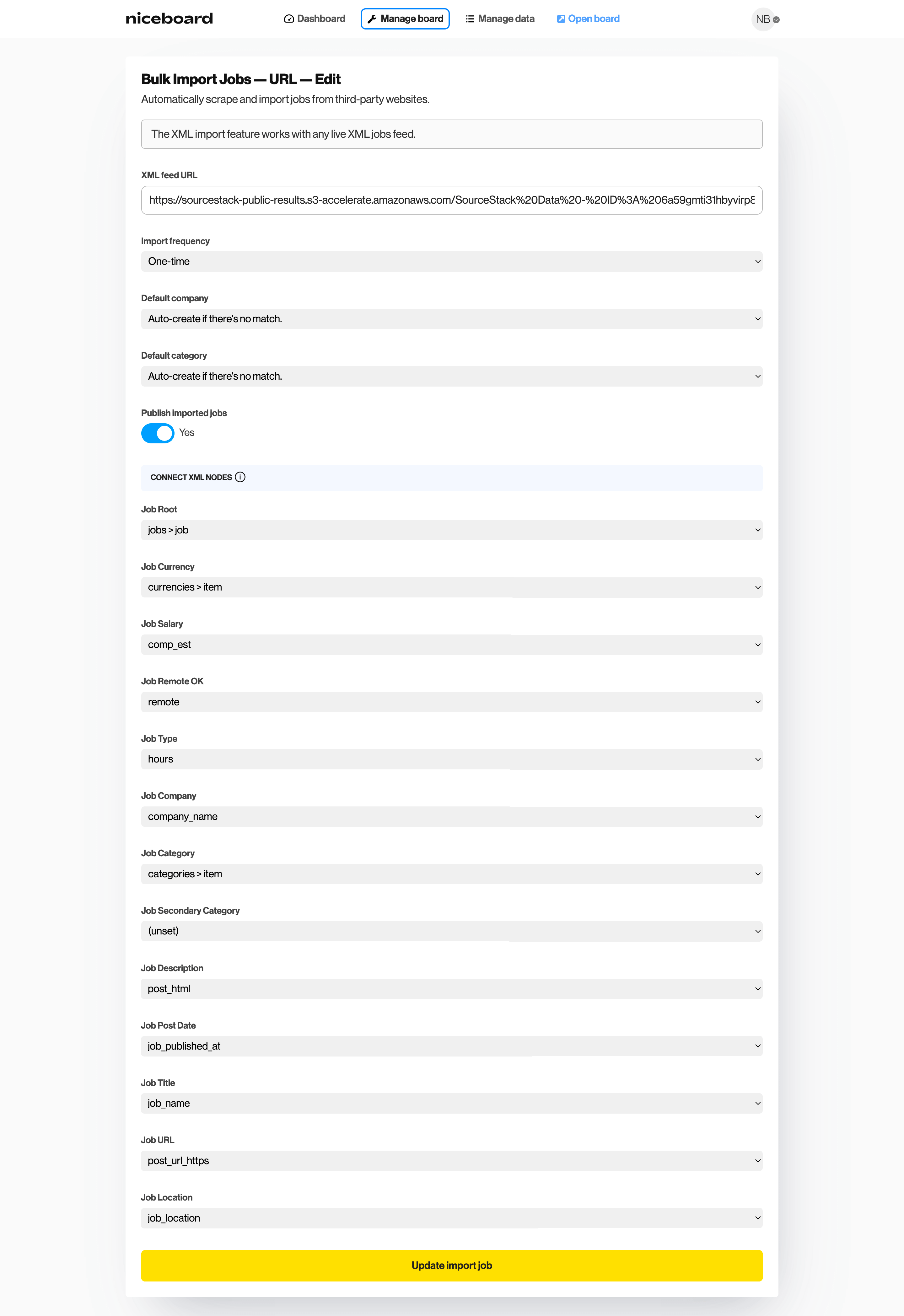 An overview of matching the SourceStack data fields to Niceboard's data fields