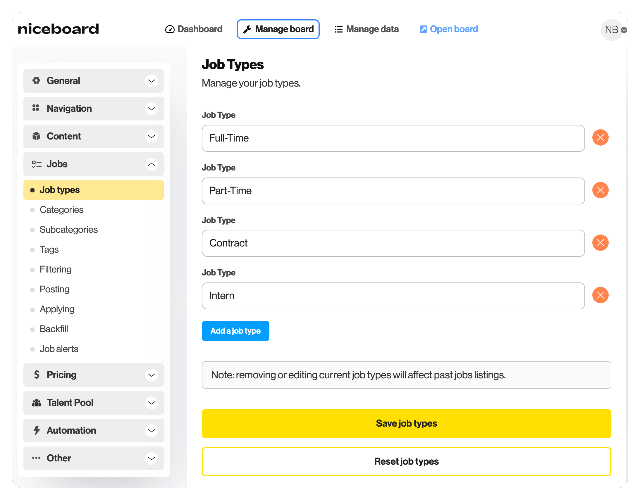 An overview of changing Niceboard's default Job Types to be compatible with SourceStack's hours field