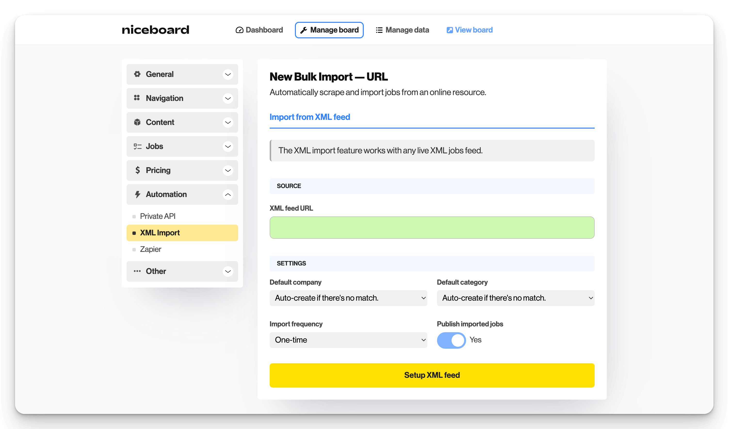 An overview of Niceboard's Bulk Import Jobs confirmation, where a user must paste the previously-generated XML link