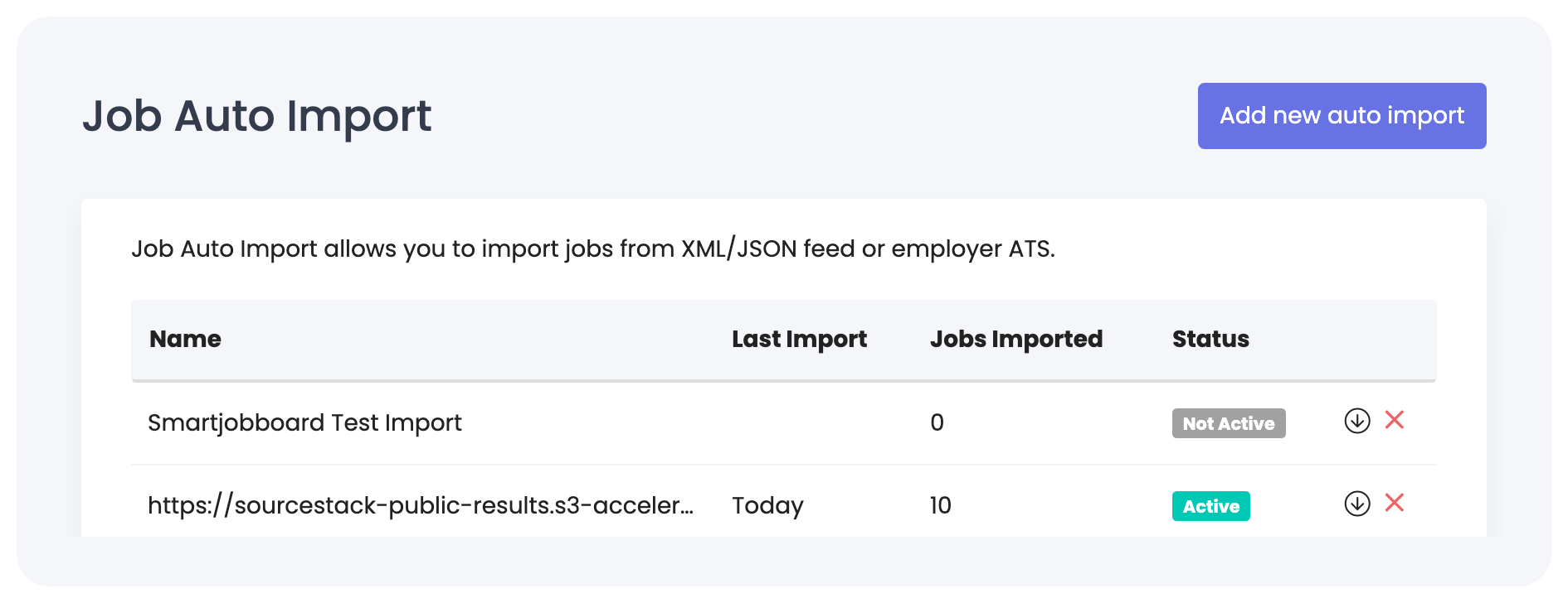 An overview of Smartjobboard's Job Auto Import dashboard, showing where the 'Add new auto import' button is