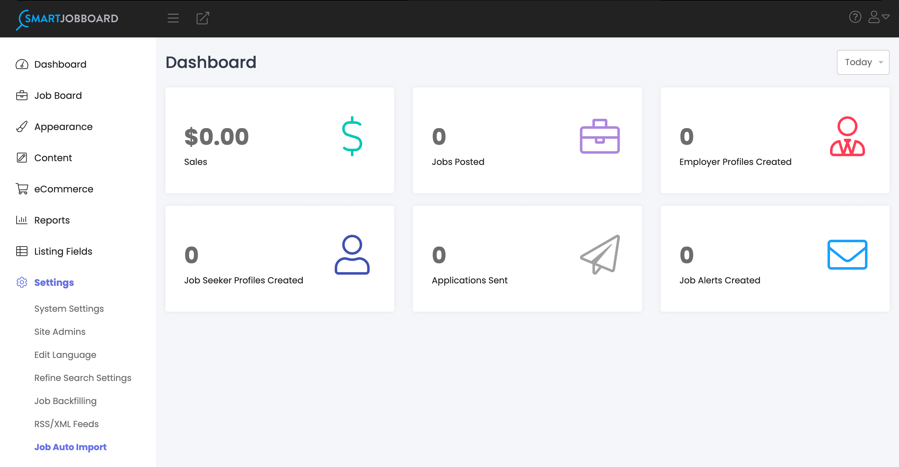 An overview of Smartjobboard's Admin Panel, showing where the Job Auto Import page can be found in the Settings