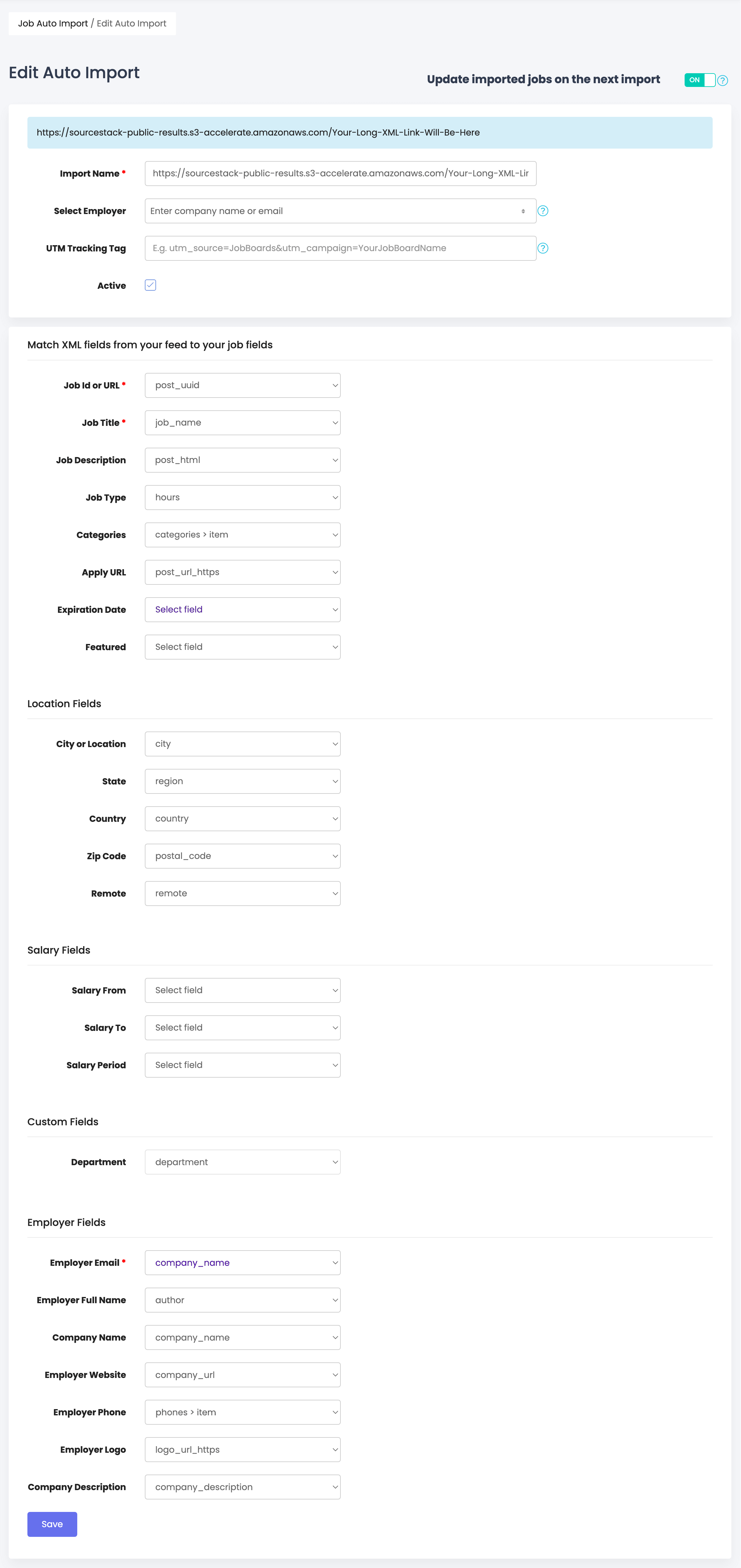 An overview of matching the SourceStack data fields to Smartjobboard's data fields