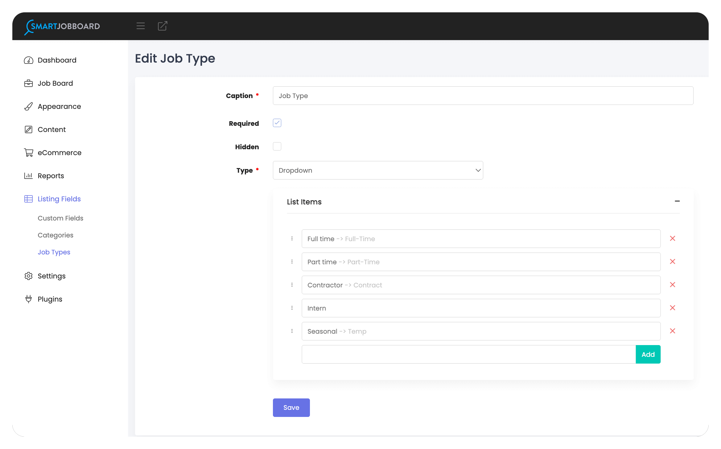 An overview of changing SmartJobBoard's default Job Types to be compatible with SourceStack's hours field