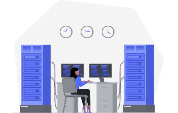 Illustration of a woman processing data from multiple large data servers