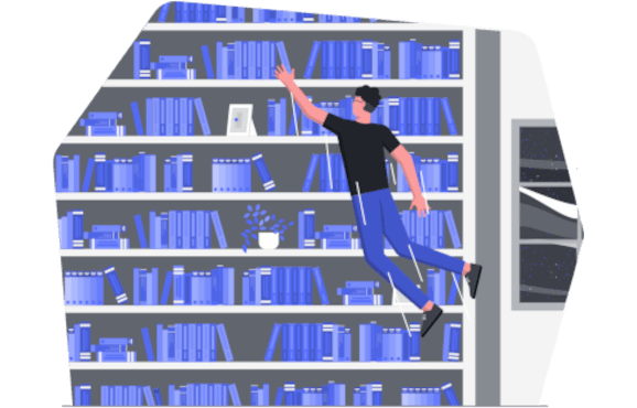 Illustration of a man retrieving a book from a large bookcase