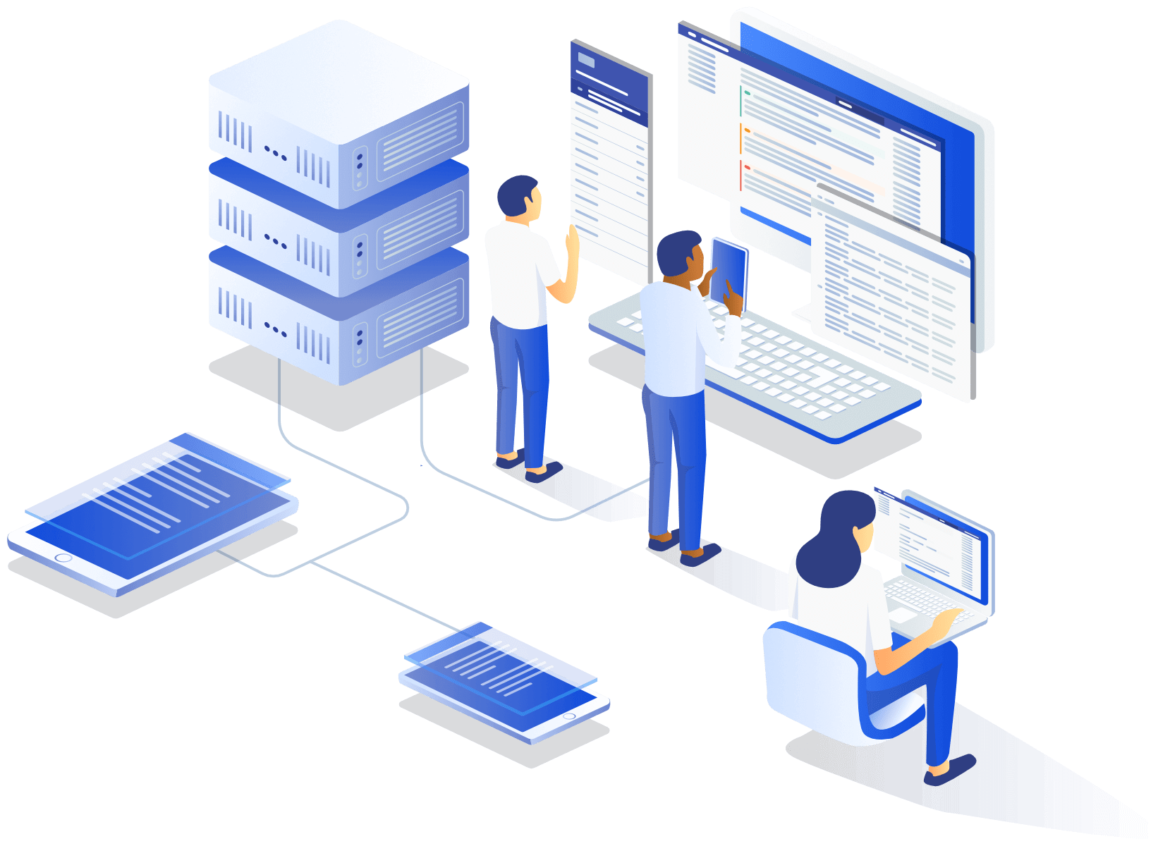 An illustration of a team reviewing the data from multiple interconnected systems